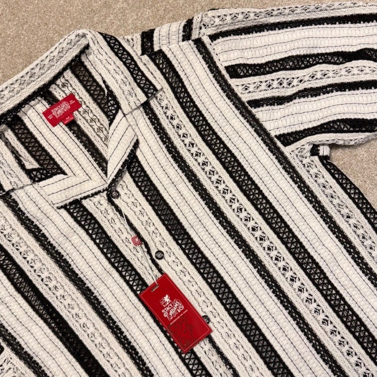 Stacy Adams Button Up Shirt Mens Medium White Black Striped Lace Knit NWT $99
