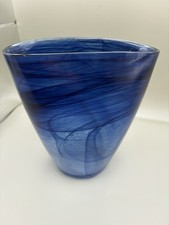 Cobalt Blue Swirl Art Glass Murano Style Oval Vase 7.25