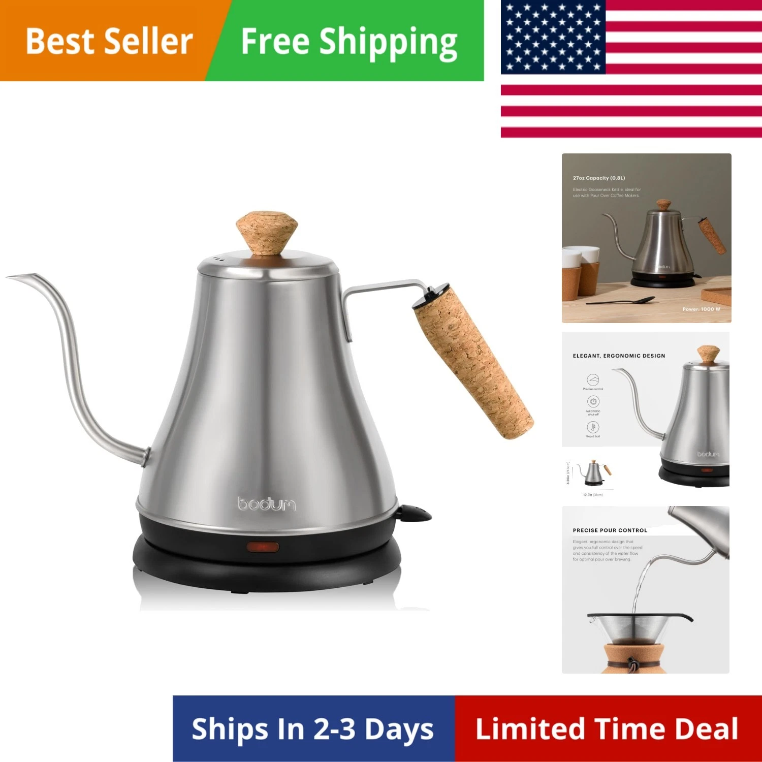 27oz Melior Gooseneck Electric Water Kettle, Pour Over Coffee & Tea, Brushed ...