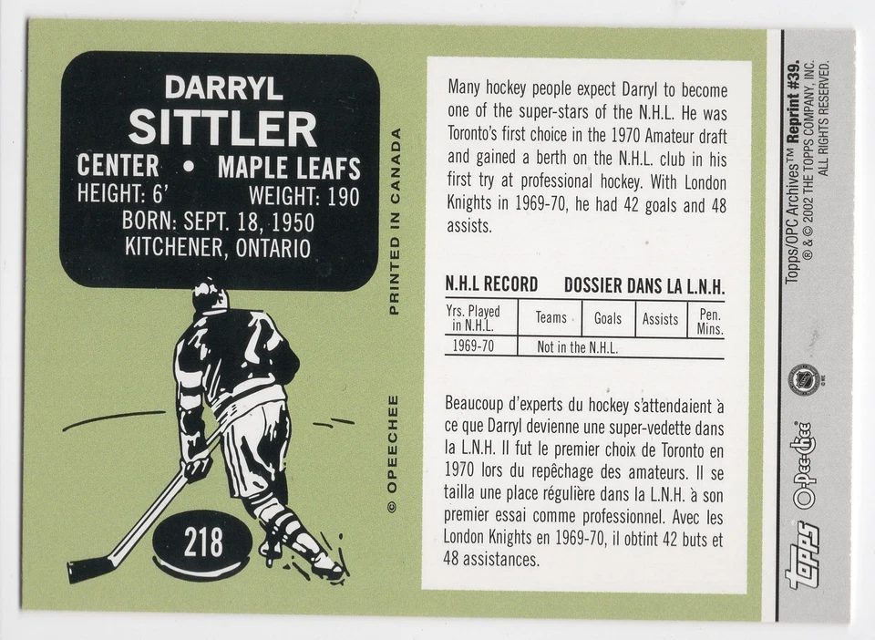 2001-02 Topps / OPC Archives Darryl Sittler Rookie Card Reprint #39 Maple Leafs - Image 2 of 2
