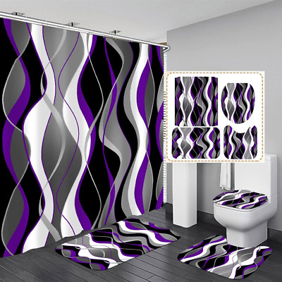 Juego de 4 cortinas de ducha a rayas azules y negras,de baño de color gris blanc
