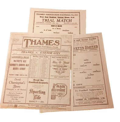 ZWEI THAMES FC 1930ER PROGRAMME - REPLIKATE KOPIEN - V EXETER CITY & PROBESPIEL