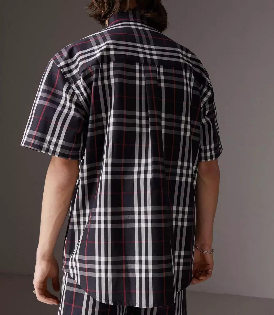 $495 BURBERRY X GOSHA RUBCHINSKIY NAVY COTTON CHECK LOGO BOXY SHIRT  OVERSIZED S