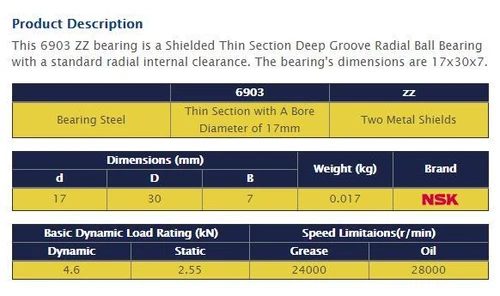1PC NSK 6903 ZZ Deep Groove Radial Ball Bearing 17x30x7mm - Picture 3 of 3