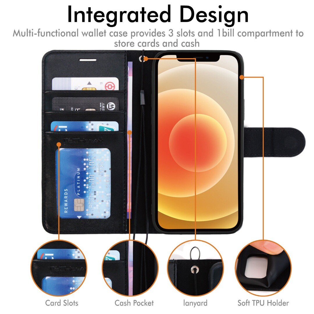 Custodia Flip In Pelle Con Portafoglio Per IPhone 16/15/14/13/12/11/XR/SE, Nero