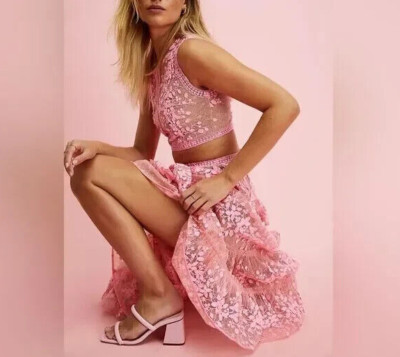 NWT Free People BRONX & BANCO Megan  Two Piece Set Skirt Crop Top Pink US 2