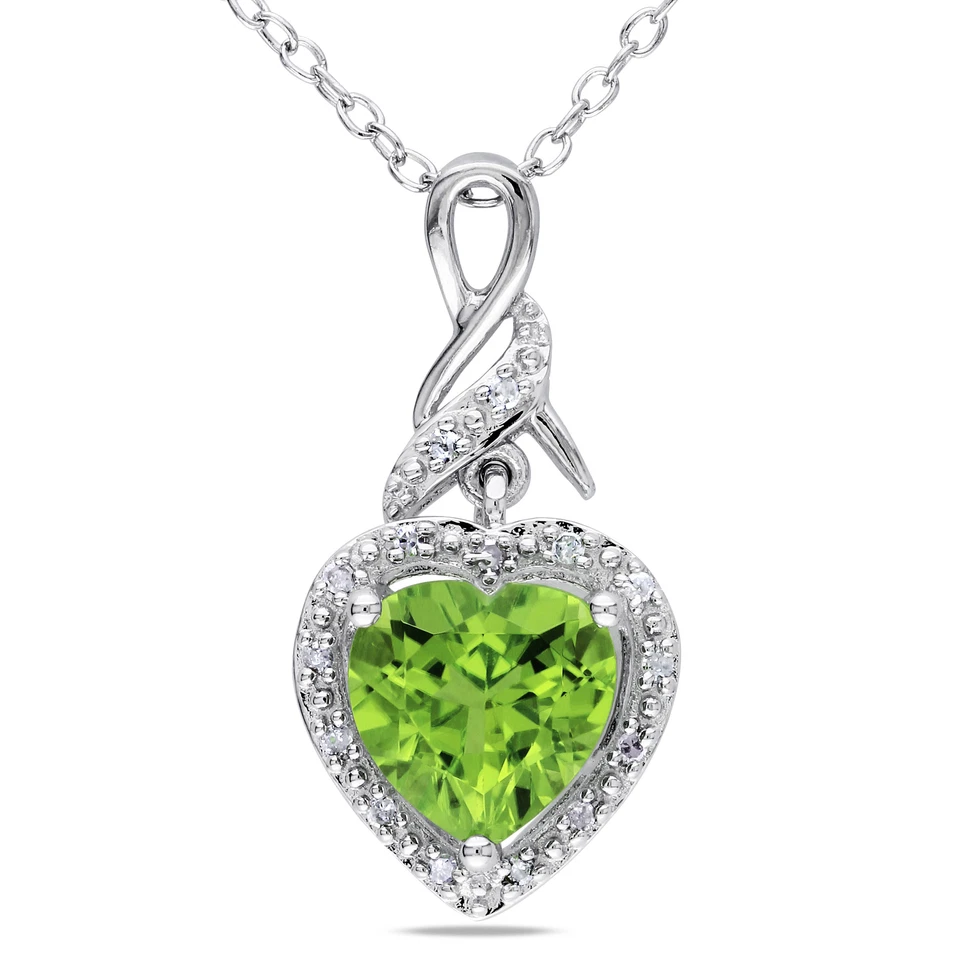 Amour Sterling Silver Peridot and Diamond Heart Twist Pendant with Chain, 18"