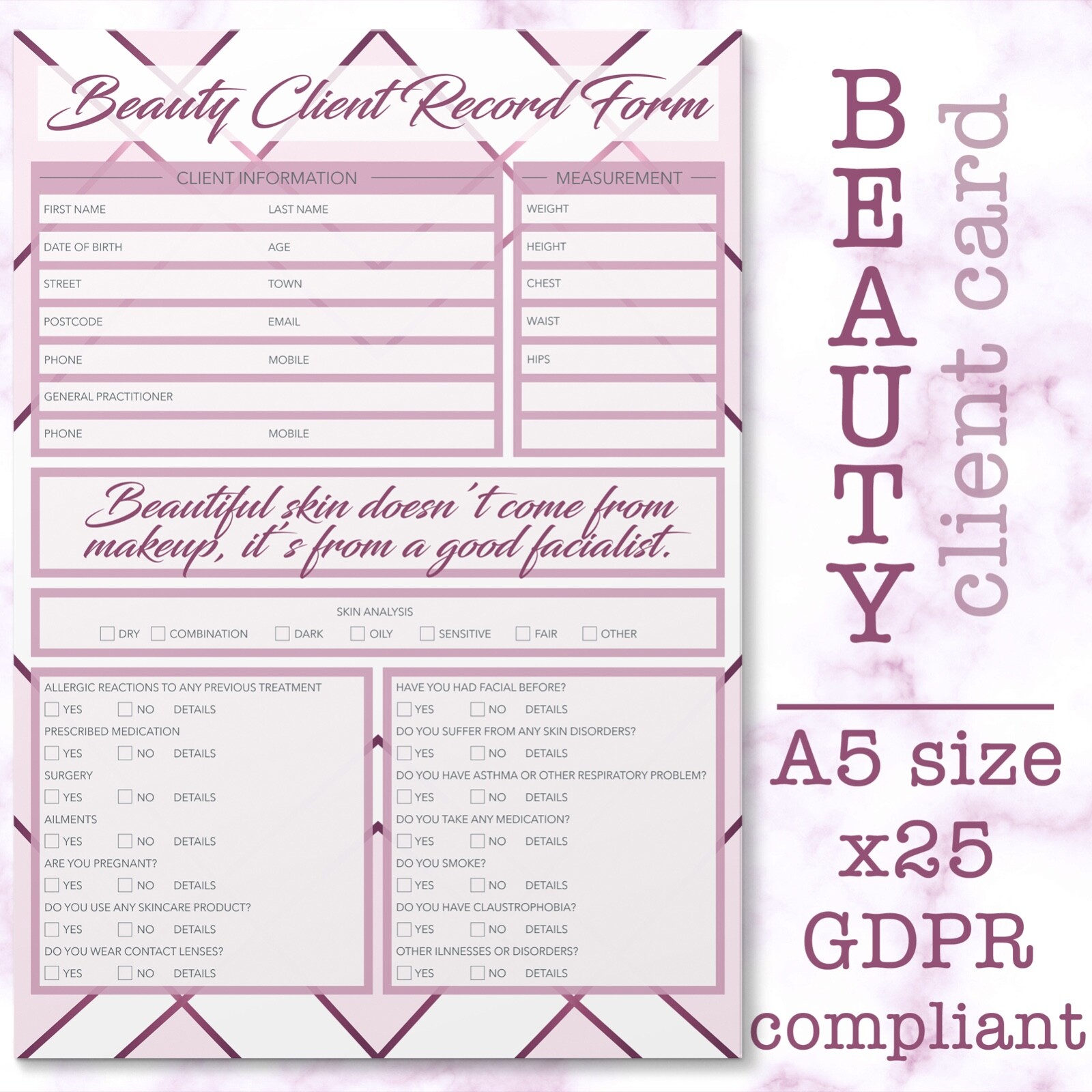 Beauty Client Record Card Form PREMIUM Treatment Consultation A5 GDPR x25