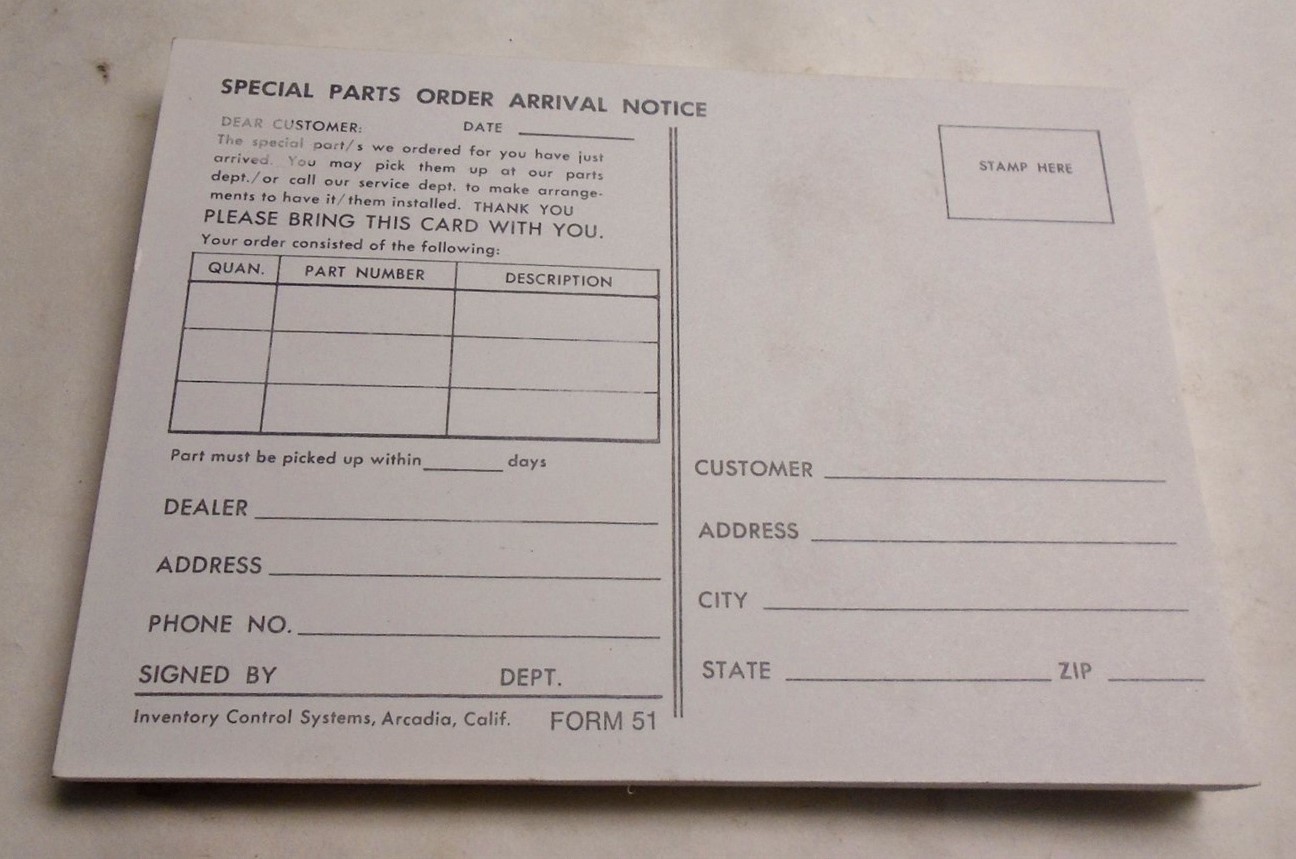 60s 70s VINTAGE GM CHEVY DEALERSHIP SPECIAL PARTS ORDER CARDS NEW OLD STOCK NICE