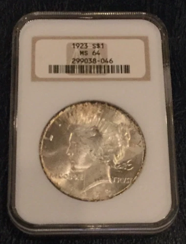 1923 Peace Silver Dollar,  Nice edge Tone MS64 NGC, OLD GOLD LABEL FATTY HOLDER