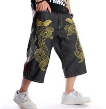 Men's Black Denim Wide Leg Loose Fit Punk Embroidery Casual Hip Hop Shorts Jeans