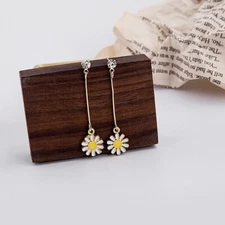 Yellow Gold Fashion Jewelry Enamel Daisy Flower Charm Long Stud Dangle Earrings