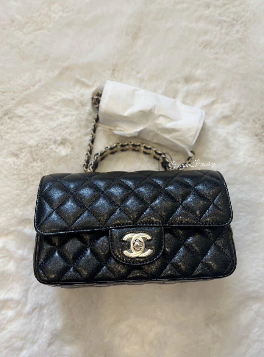 Chanel 23A Top Handle with Rhinestone Crystal Mini Flap Black Lambskin in  Light Gold Hardware (Microchip), Luxury, Bags & Wallets on Carousell