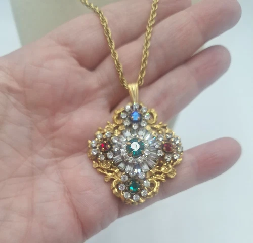 Miriam Haskell Necklace Vintage Colored Rhinestones,  24 Inch Goldtone Estate