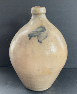 ANTIQUE PRIMITIVE OVOID STONEWARE JUG w COBALT BLUE DECORATION