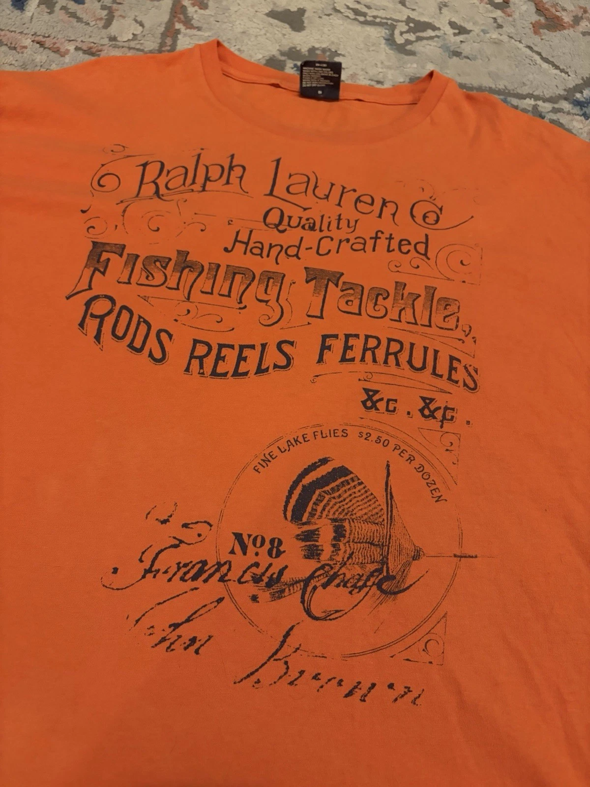 Vintage Polo Ralph Lauren Fishing Tackle Sz 2XL Mens Orange T-Shirt Rods Reels
