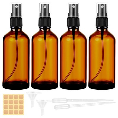 4x 100ml Braunglas Sprühflasche Set Nachfüllbar mit Trichte Tropferr und