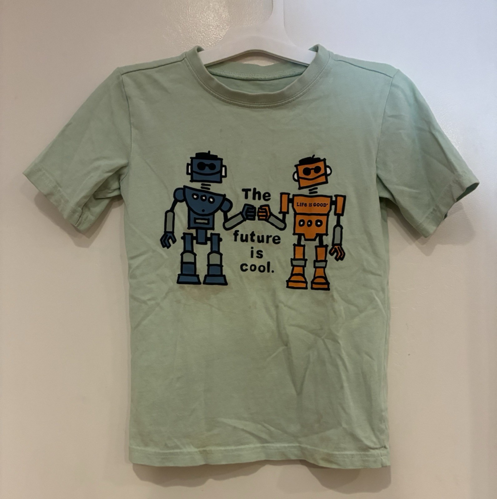 Life Is Good Kids Boys Robots 100% Cotton Short Sleeve Crusher Shirt Lt Green XS