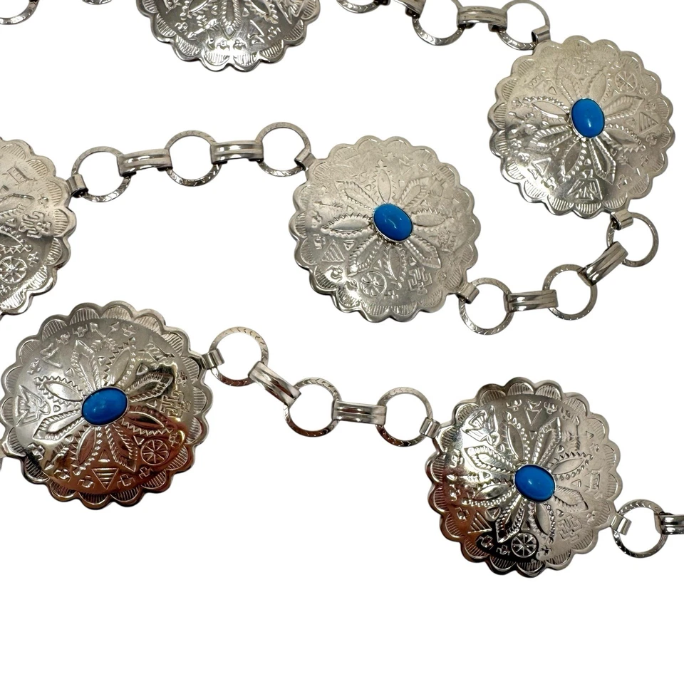 "Cinturón Western Concho tono plata de colección con cabujones festoneados y color turquesa 36""" Foto 4 de 4
