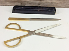 Desk Set Scissors  Letter Opener Gold Tone With Wood Case Vintage MCM Germany