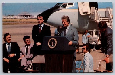 Vintage 1977 Jimmy Carter & Jerry Brown Postcard Fresno CA Air Force One Drought