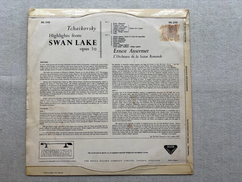 ANSERMET - DECCA SXL 2153 2E/1E ED1 - TCHAIKOVSKY - HIGHLIGHTS SWAN LAKE - Image 4 of 4