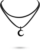 Gothic Boho Layered Black Crescent Moon Choker, Moon Necklace for Women, Goth...