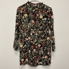 Loft Floral SP Tunic Shift Dress Boho Peasant Knee Length Long Sleeve Black