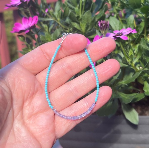 Handmade Delicate Turquoise and Tanzanite Bracelet Solid 14k White Gold 7" - Picture 2 of 7