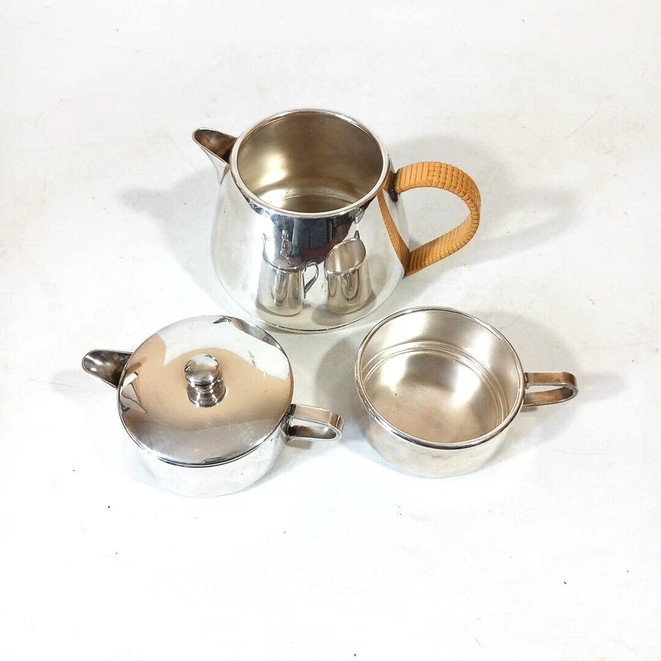 Juego de té apilable MCM Art Deco crema azúcar Bernard arroz e hijos plato de plata Foto 3 de 4