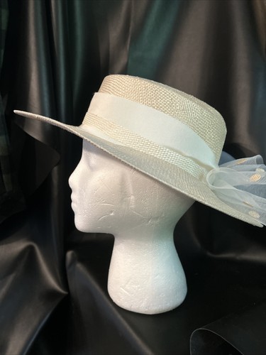 Cream Panama Straw Hat Sun Polka Dot Tulle White Ribbon Accent Beach Summer Sz M - Picture 2 of 10