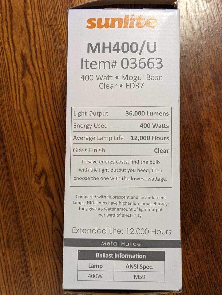 SUNLITE 400w MH400/U, ED37 Mogul base clear, Metal halide bulb, 03663 - Image 2 of 4