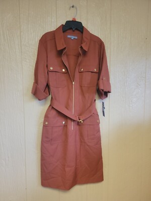 Sharagano NY Women's Belted Zip Front Dress Arabian Spice  Size 12 with Pockets