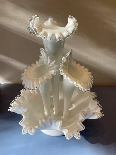 STUNNING VTG FENTON Milk Glass Silver Crest 4 Horn Epergne 13.5"H