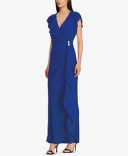 RALPH LAUREN Women's Blue Flutter-Sleeve Brooch Fit & Flare Gown Size 2 $190