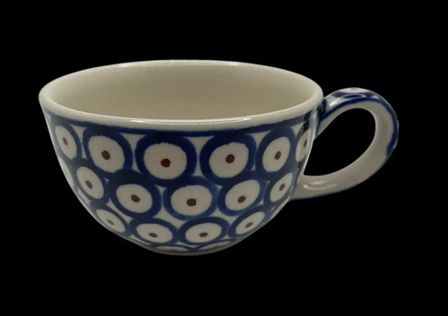 Boleslawiec Polish Pottery Tea Cup Coffee Mug Brown Dots Blue Circles Handmade