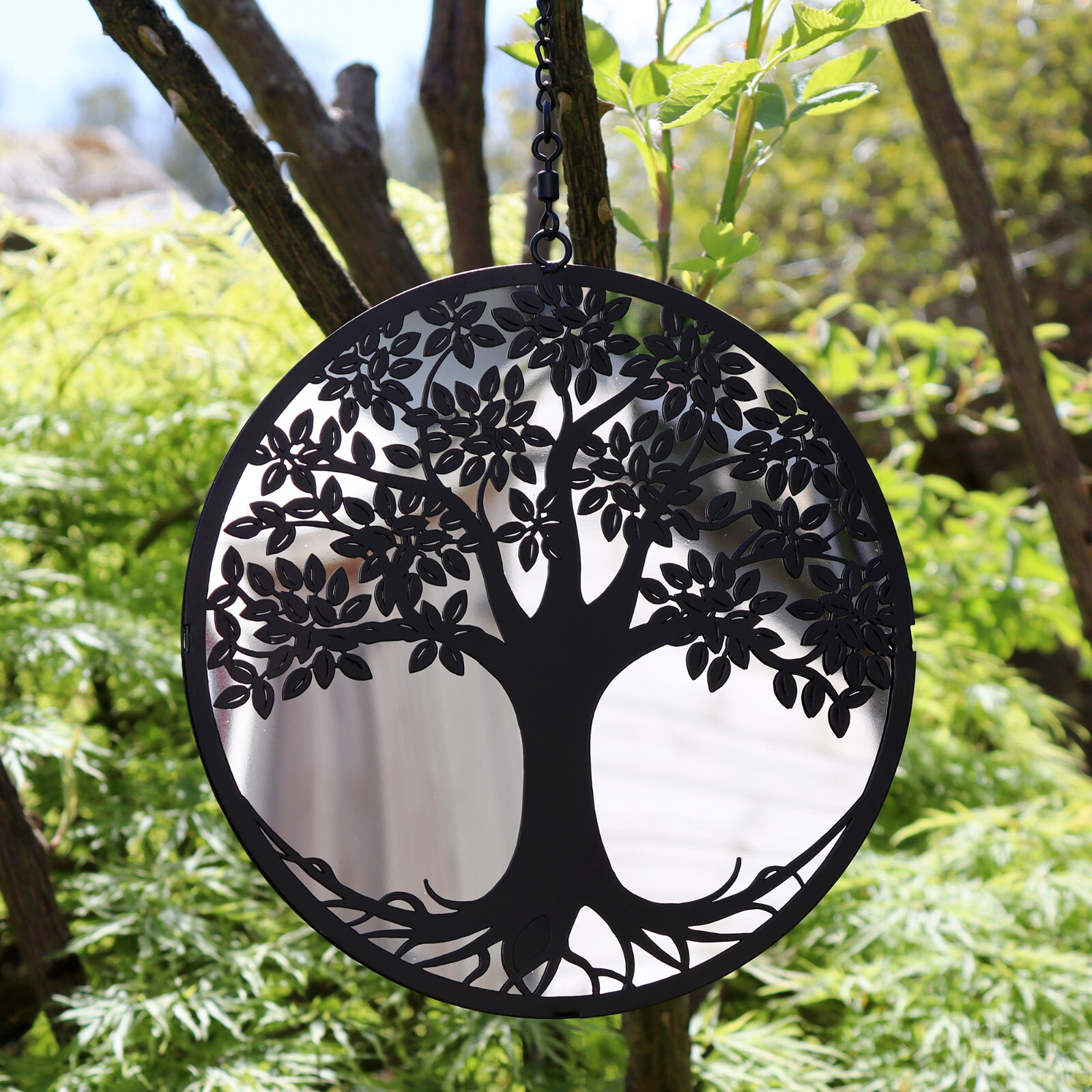 Hanging Mirror Silhouette Tree Of Life Garden Black Round Metal Decor Art Gift