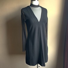NWT Zara Woman Plumetis Sheer Sleeve High Collar Black Mini Dress Womens Size S