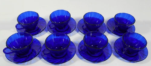 8 Vintage Cobalt Blue Glass Cups and Saucers Duralex Bormioli France