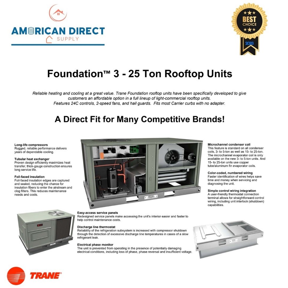 Trane Foundation 7.5 Ton Ac Package Unit 230V / 3Ph RTU/Horizontal 14.8 ...