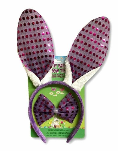 Bunny Ears & Bowtie Kit Purple Sequins Headband Easter Rabbit Costume Accessory - Picture 2 of 3