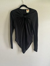 NWT 115 Farm Rio Women's Long Sleeve Stretch Bodysuit Black Twist Neck Large