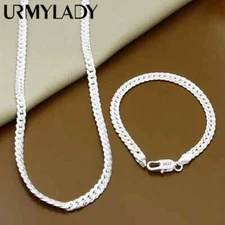 URMYLADY 925 Sterling Silver 6MM Full Side Chain Necklace Bracelet Jewelry Sets