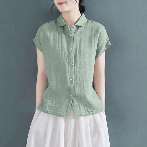 Camisa Manga Corta Mujer Verano 100% Algodón Lino Camisa, Top Lino Abotonable - Imagen 7 de 26