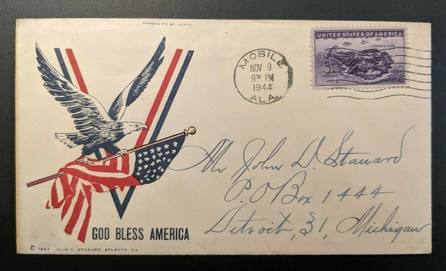 1944 Mobile AL Detroit MI God Bless America Illustrated WWII Patriotic Cover