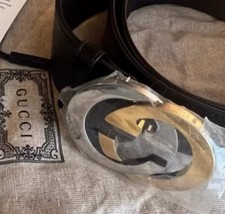 Authentic Gucci Interlocking G Leather Belt Black Size 85 NWT