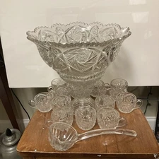 Antique Imperial Whirling Star Glass Punch Bowl Set 15 Pc Glass Ladle Orignl Box