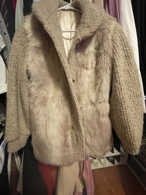 D'Esprit Beige Faux Fur Collared Button Lined Mid-Length Women's Coat Size 12