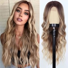 HD Lace Front Wig Human Hair Blend Highlights Wavy Brown X Blonde Balayage