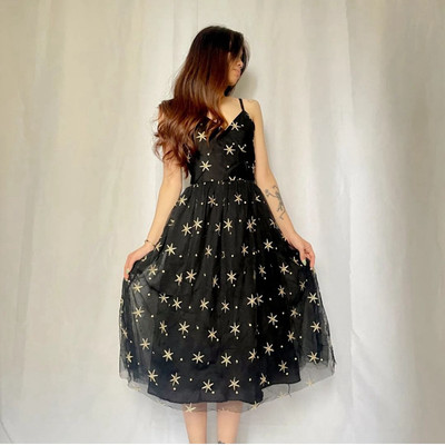 NALEN Black Tulle Midi Dress Size M Embroidered Gold Stars Witchy Fairy  Goth | eBay